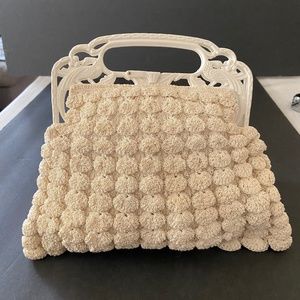 Vintage 30’s-40’s off-white corde purse with lucite peacock handles